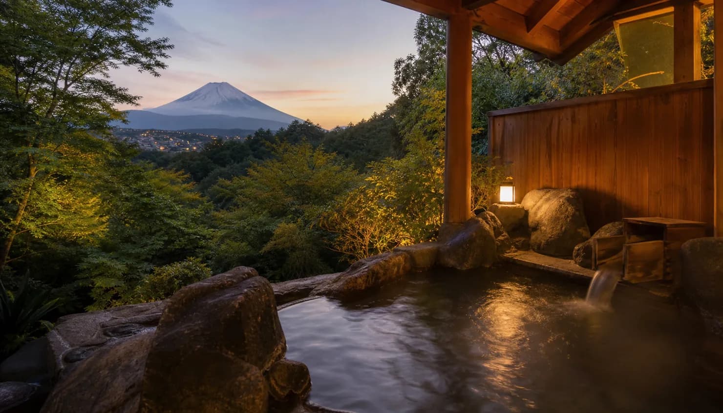 Outdoor Hot Spring in Hakone with a View of Mt. Fuji