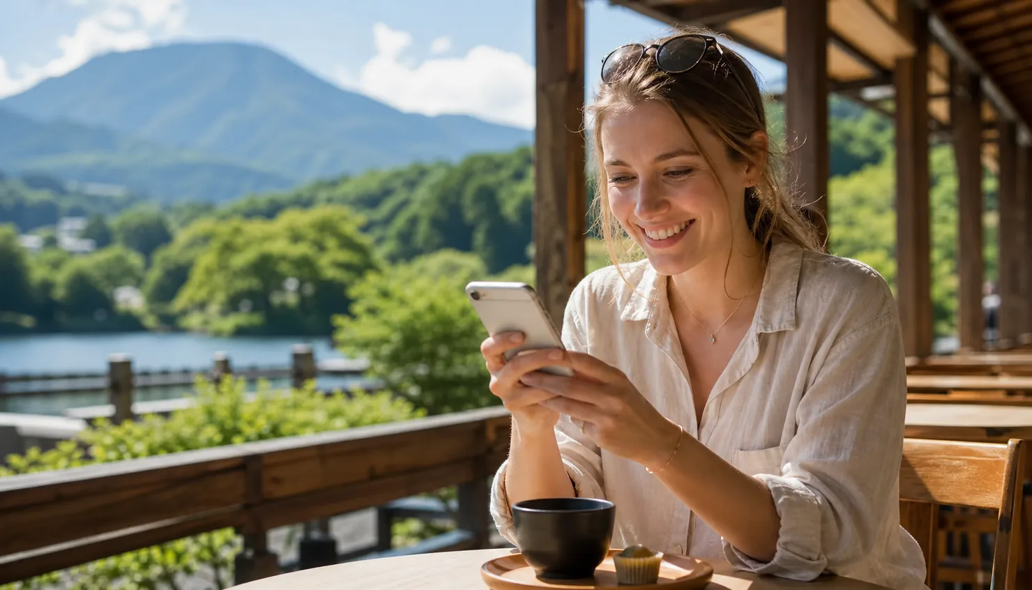 A traveler checking her itinerary on a smartphone